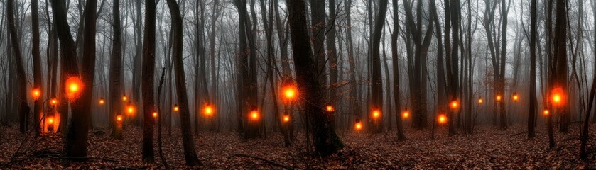 Poster - A mystical forest scene illuminated by floating orbs of light
