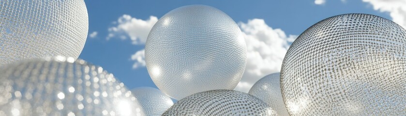 Poster - Several shiny metallic spheres are floating under a bright blue sky