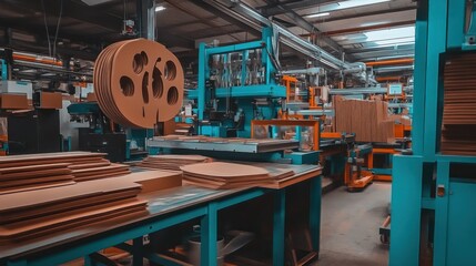 Aufkleber - Manufacturing machinery processes cardboard and various materials in factory