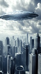 Poster - A futuristic cityscape displays an alien spaceship hovering above