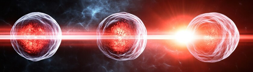 Poster - Three spheres with glowing centers and red light beam passing through