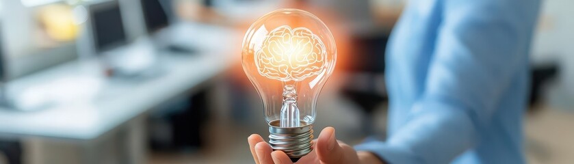Poster - A person holding a glowing light bulb with a brain design, with a blurred office environment creating a focus on modern innovation