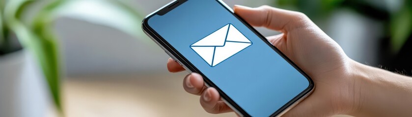 A person holding an Phone with the screen showing, Mail icon on a phone