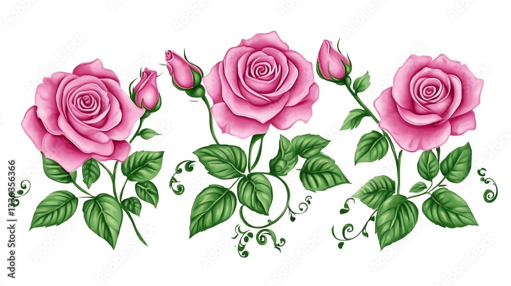 3 pink roses with green leaves, clip art style, white background ...