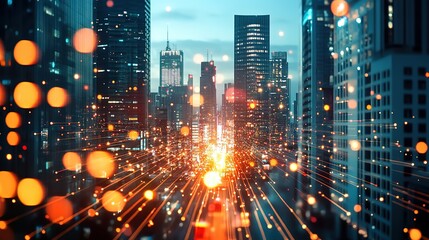 Poster - city skyscrapers view digital data stream, abstract city lights, city night in the light, sky blue technology background, 32k Resolution