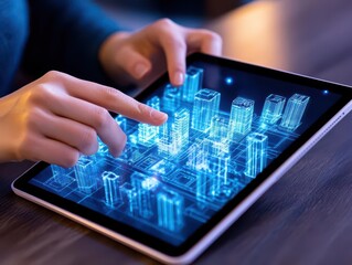 Poster - A person is building holographic city models on an iPad, highlighting the concept of digital urban planning and design with modern technology