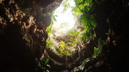 Aufkleber - Natural cave opening allowing sunlight and surrounded by greenery