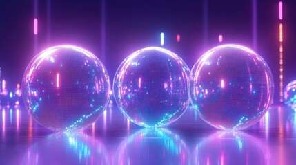 Poster - Three large reflective disco balls with vibrant neon colored lights