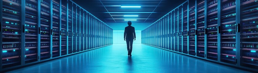 Poster - A person walks through a dimly lit data center filled with server racks, highlighting the blend of technology and human presence in a digital environment