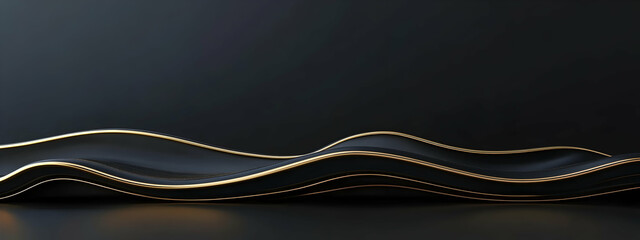 Poster - Minimalist black background with a golden line and a round podium for product presentation