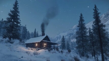 Poster - A cozy cabin surrounded by snow covered mountains during night time