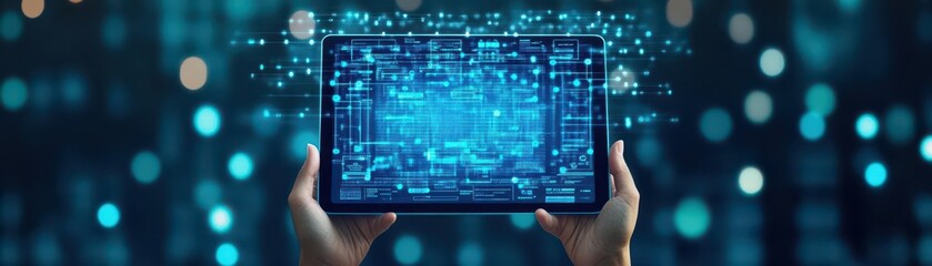 Poster - A persons hands hold a tablet with data visualization displayed in the air, indicating a digital business strategy concept