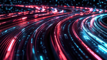 Poster - Red and blue glowing digital lines forming a curved pattern