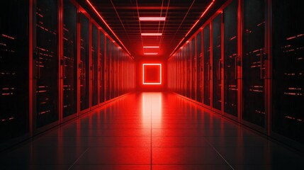Aufkleber - A long corridor with server racks glows a bright red color