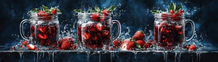 Poster - Three glass jars filled with red strawberries and water splashes