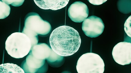 Poster - Suspended glowing spheres of thread with a dim background
