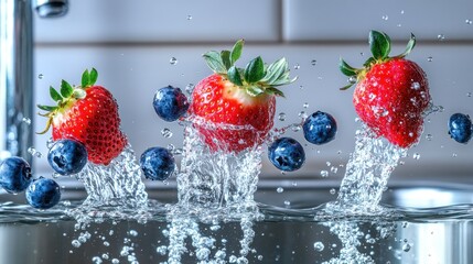Poster - Fresh strawberries and blueberries being washed with splashing water dramatically