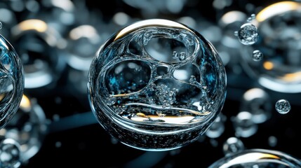 Poster - Abstract image shows multiple transparent bubbles suspended in space