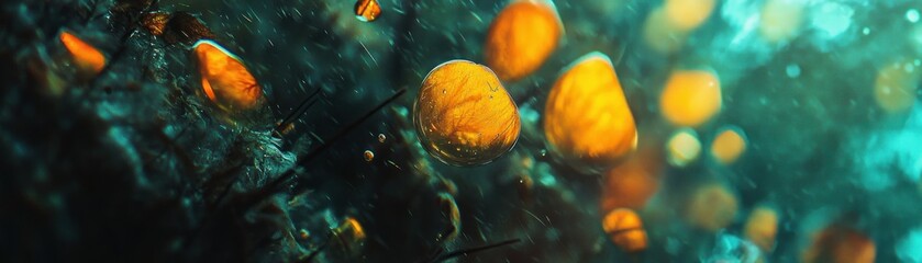 Poster - Abstract artistic representation featuring several glowing golden orbs in detail