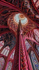 Poster - Magnificent architecture details upwards toward the stained glass ceiling inside building