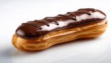  A classic French éclair with a glossy chocolate topping on a pure white background. 