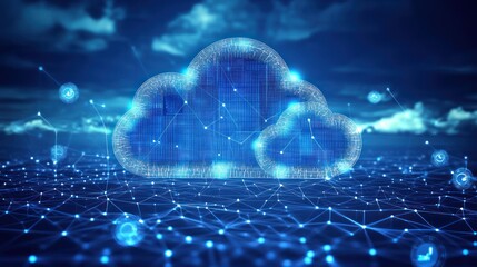 Poster - Digital Clouds Connected with Network Icons Displayed in Blue Tones