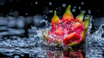 Poster - A vibrant dragon fruit is splashed in water with droplets