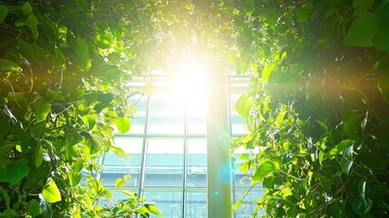 Poster - Green foliage surrounds a large window with bright sunshine streaming through