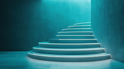Poster - A spiraling staircase illuminated by glowing neon lights inside a room