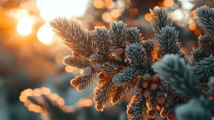 Poster - Close up view of a frosted pine branch and warm light