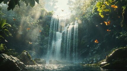 Aufkleber - A beautiful waterfall scene surrounded by vibrant green foliage and butterflies