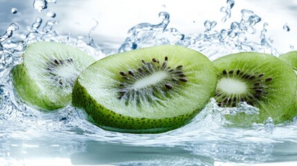 Poster - Green kiwi fruit slices submerged in splashing crystal clear water