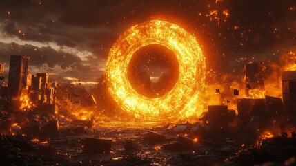 Poster - A massive fiery portal dominates a destroyed urban landscape scene