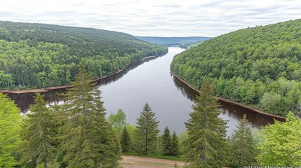 Aufkleber - A scenic view of a lake surrounded by lush green forests