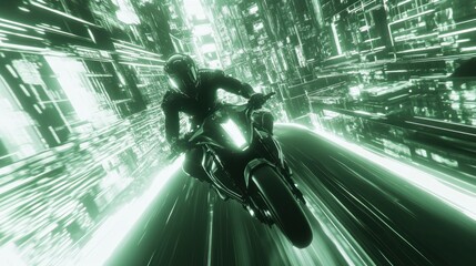 Poster - A futuristic motorcycle rider travels through a glowing cityscape tunnel
