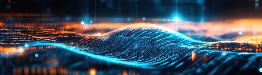 Leinwandbilder - A vibrant visualization of digital data streams, showcasing blue and orange patterns against a dark background, symbolizing technology and connectivity
