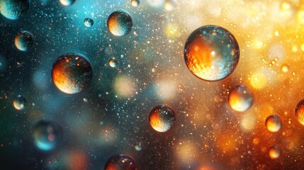 Poster - Several water droplets reflecting light in a colorful vibrant display