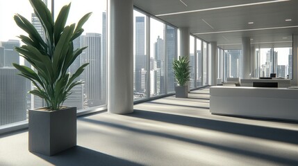 Poster - Modern office interior with expansive city views and potted plants