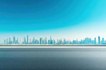 Poster - A wide, empty road leading towards a modern urban skyline filled with sleek skyscrapers under a clear blue sky, showcasing the citys architectural development and futuristic design
