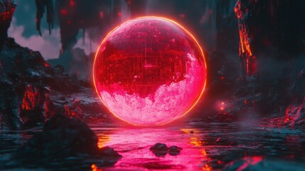 Poster - A vibrant glowing red orb centered in a desolate landscape setting