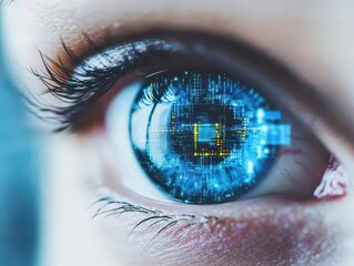 Aufkleber - A womans blue eye with a digital overlay, representing technology, data, and the future of vision