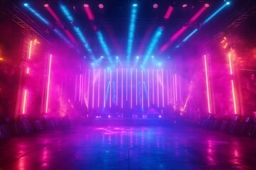 Poster - Neon stage lighting with smoke and spotlights.