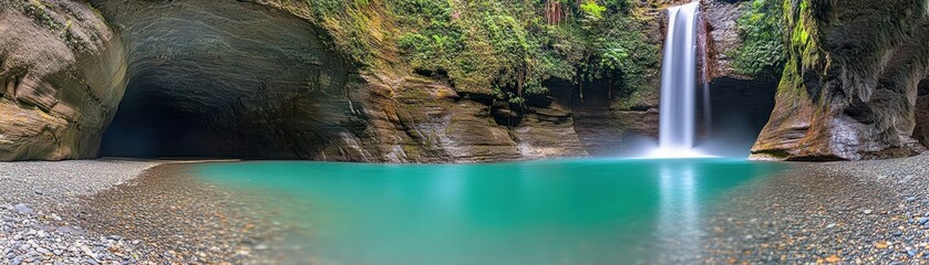 Poster - A serene turquoise pool fed by cascading waterfall and rock formations