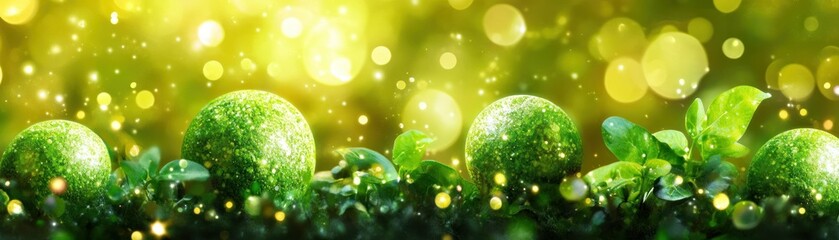 Poster - Green spheres surrounded by lush vibrant foliage and sparkling light