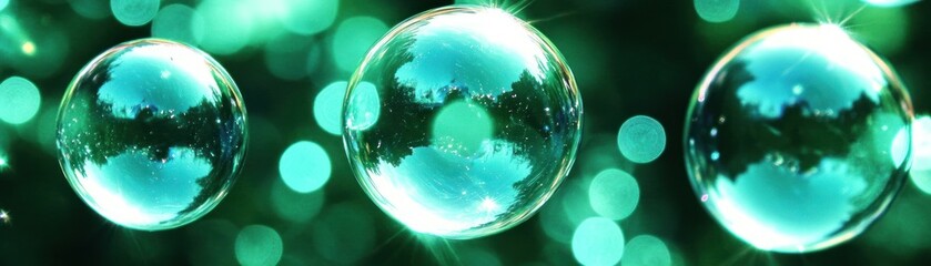 Poster - Three clear bubbles reflecting light in a green background