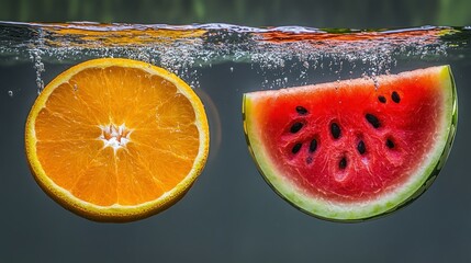 Poster - Orange slice and watermelon wedge submerged in water creating bubbles