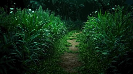 Poster - A pathway surrounded by lush green plants and foliage