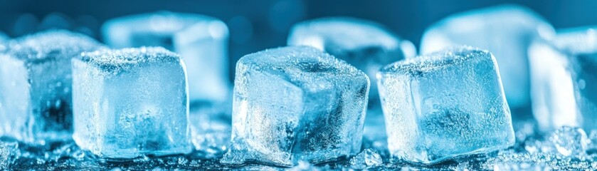 Poster - Several transparent blue ice cubes sit closely in a row