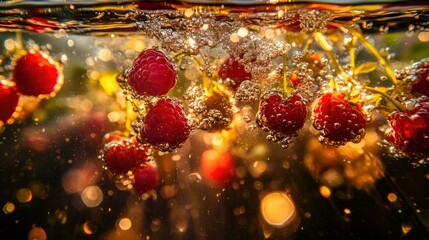 Poster - Fresh juicy red raspberries suspended submerged amidst air bubbles in water