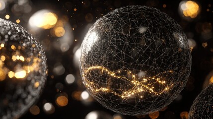 Poster - Spherical Network with Glowing Strands Against Bokeh Background
